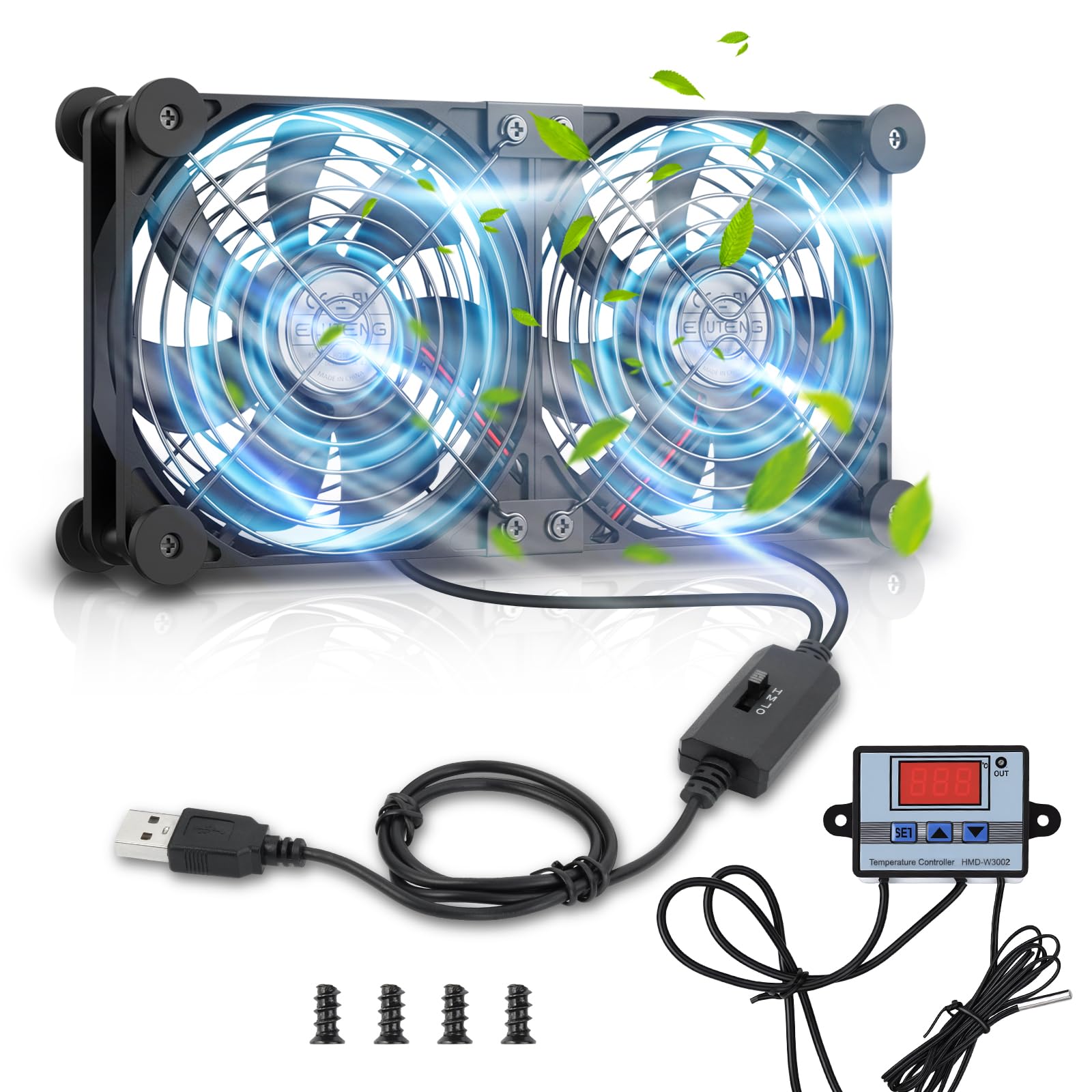 ELUTENG Wentylator USB 2 w 1, 120 mm, 5 V, podwójny wentylator USB z 3 prędkościami, wentylator PC 12 cm z 8 nóżkami tłumiącymi i cyfrowym regulatorem temperatury do PS5, PS4, laptopa, TV Box, routera