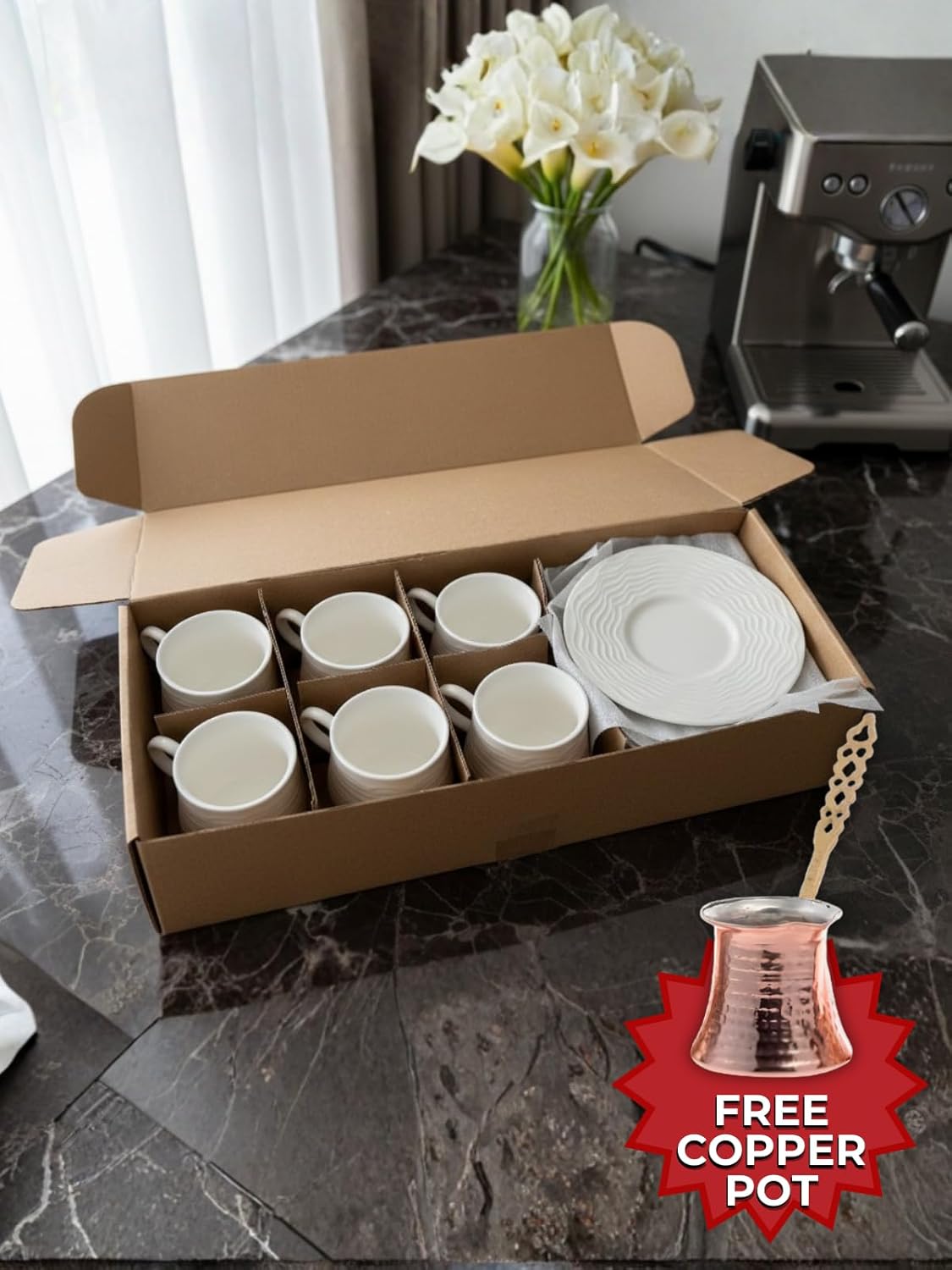 6-Piece Porcelain Turkish Coffee Cup Set with Copper Pot (Cezve) – Wave Pattern Espresso Cups, Elegant Gift Set