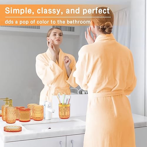 Miniatura 5 de Juego de accesorios de baño naranja 5 piezas, accesorios modernos de baño de vidrio, dispensador de jabón de loción, jabonera, soporte para cepillos