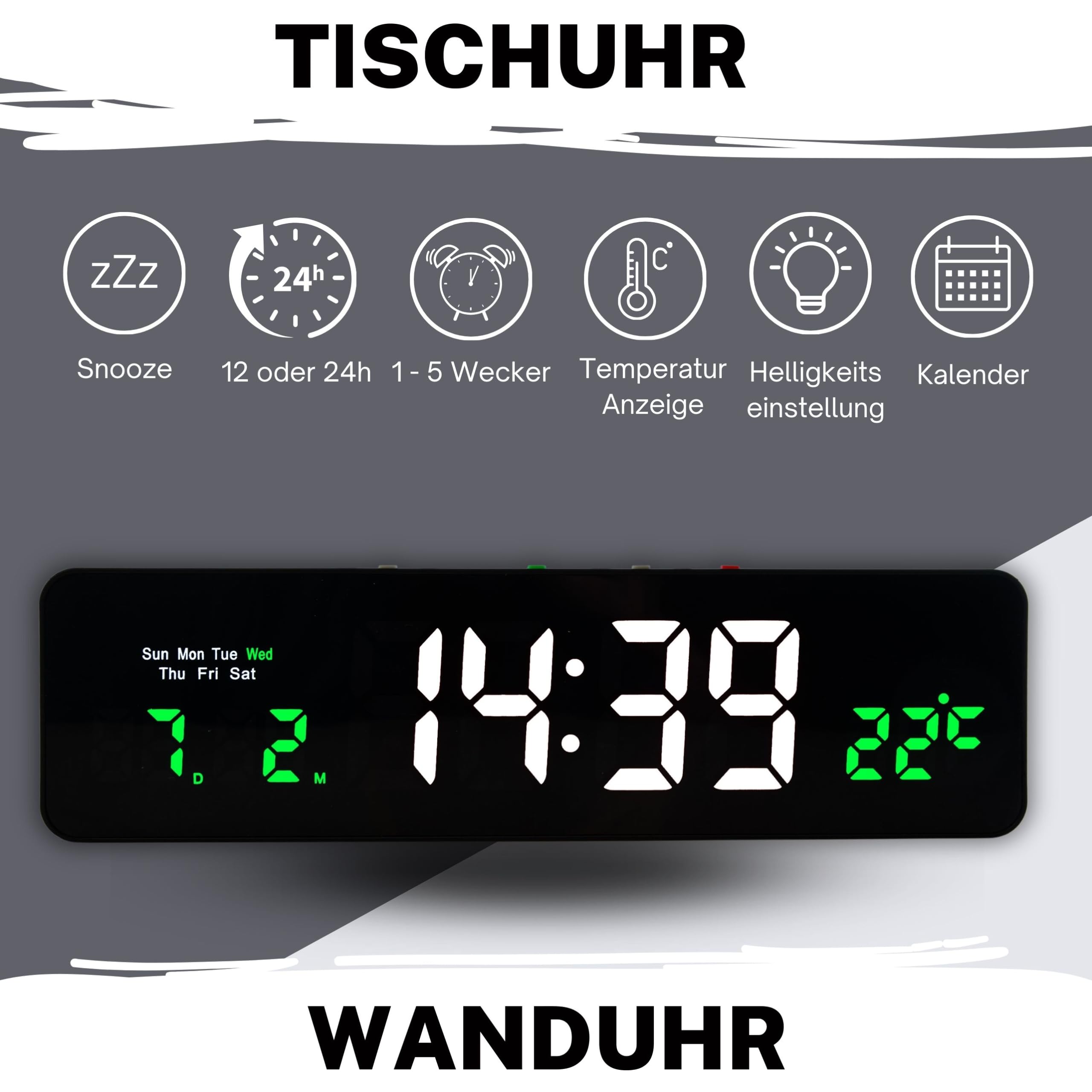 Wanduhr Digital, LED Tischuhr mit Temperaturanzeige, Wecker Snooze, 12/24-Stunden-Anzeige, LED-Uhr, USB-C Uhr mit Datumsanzeige (Weiß Grün)