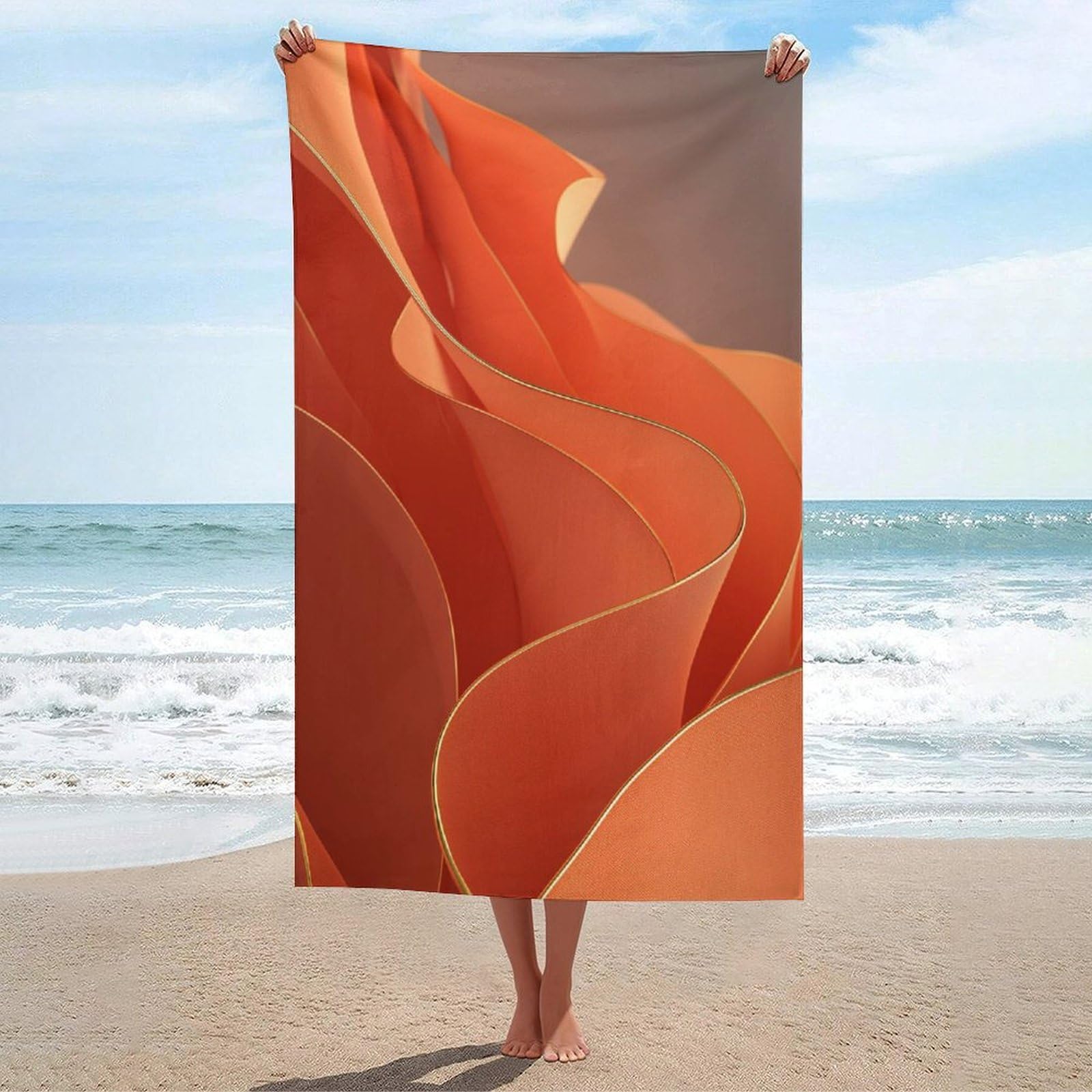 asbwuo Deep Orange Abstract Waves Gold Foil Luxury Beach Towel