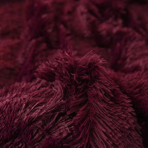 Miniatura 5 de Juego de funda de edredón de lujo de pelo sintético lanudo y afelpado, súper suave de 4 piezas, juego de funda de edredón mullido rojo oscuro (1