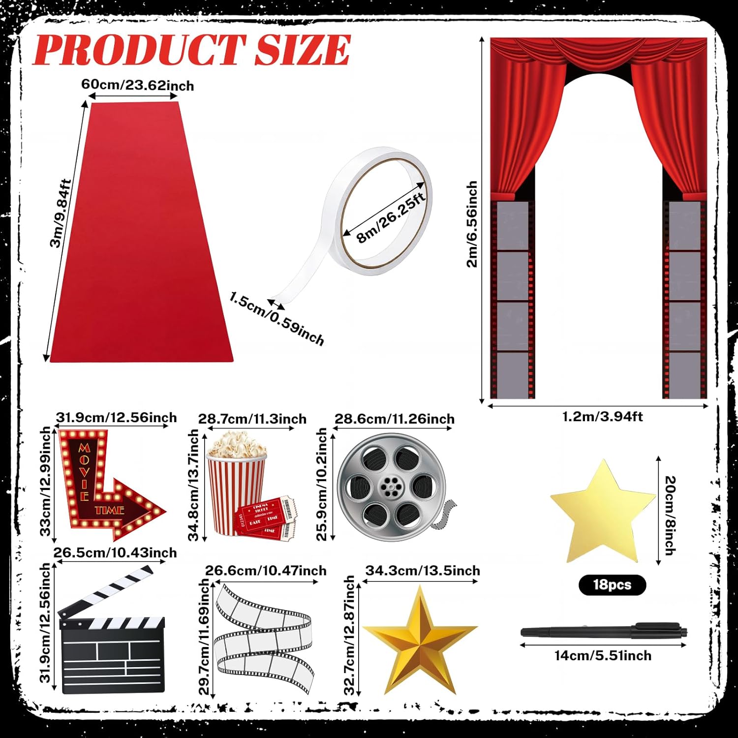 Dunzy 28 Pcs Red Carpet Party Decorations Movie Night Porch Sign Banner 2 x 9.84 ft Red Carpet Runner Rug 18 Star Pattern Paper Cutouts 6 Decorative Card for Home Film Casino Movie Night Party Supplie
