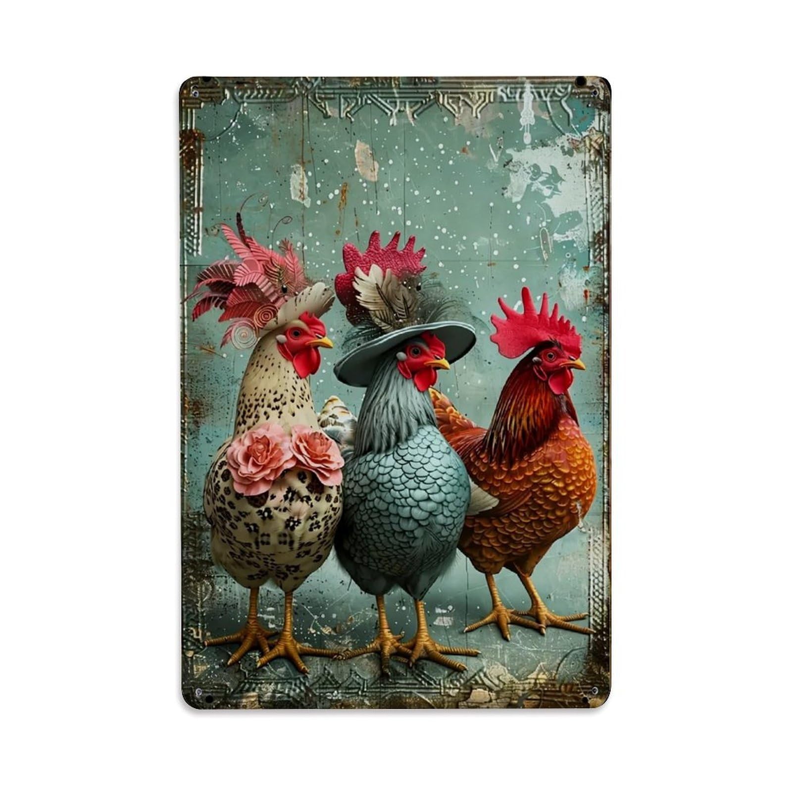 Jdfenggu Vintage Fanciful Chickens With Feathers And Flowers Retro Metal Tin Sign, Decor Art Poster For Bar, Home, Man Cave, Kitchen, Laundry Room Gift 8X12inch