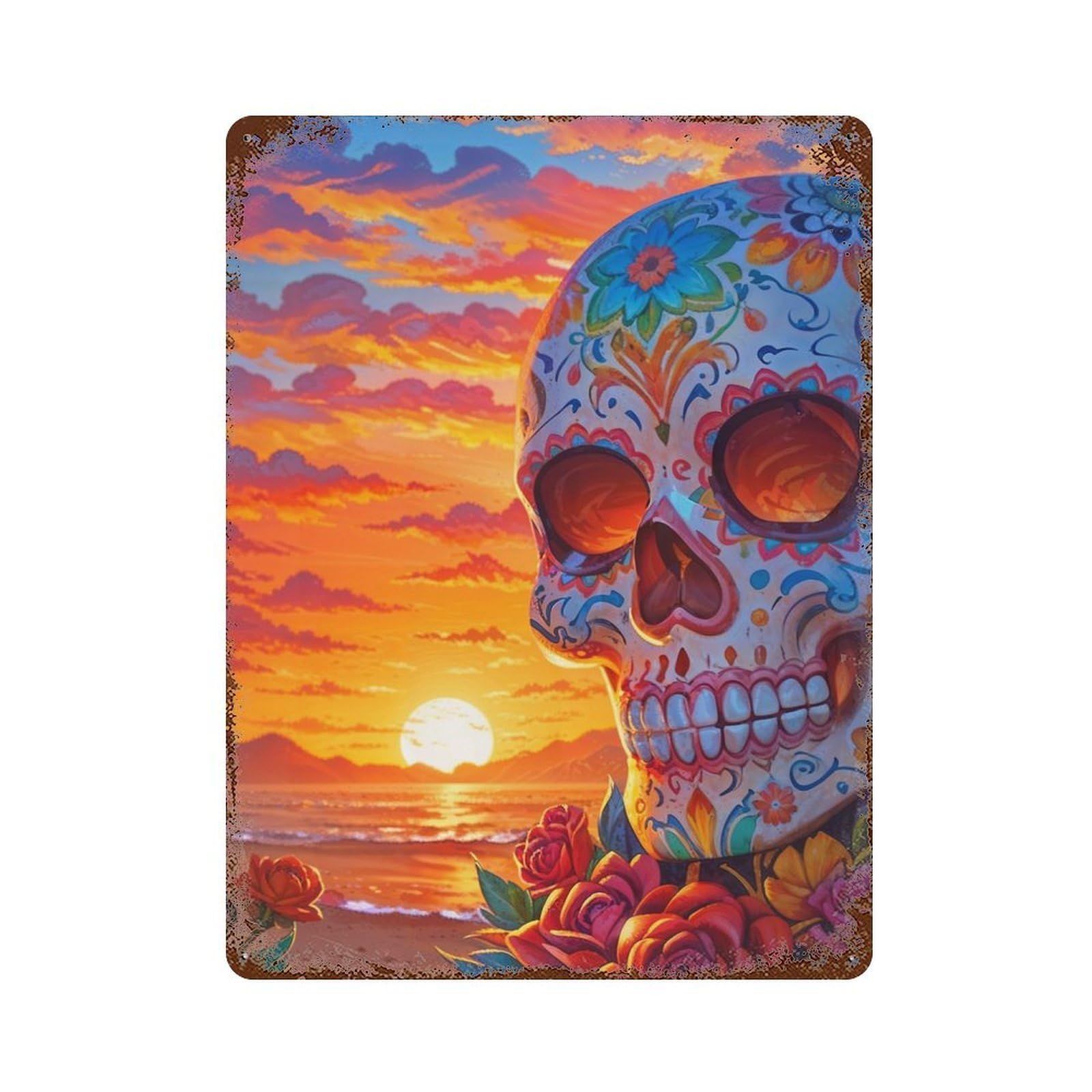 Sunset of The Dead Skull Rusty Metal Tin Sign 15.7"x11.8", Shabby Chic Decor for Garage, Bar And Workshop Decor