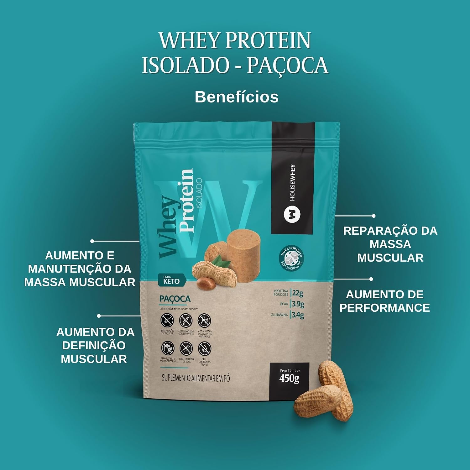 Housewhey Whey Protein Concentrado, Sabor Paçoca, 450g