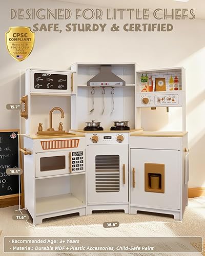 Miniatura 2 de YUG Juego de cocina para niños pequeños, juego de cocina de esquina con luces y sonidos, juguete de madera con horno, microondas, estufa, máquina de