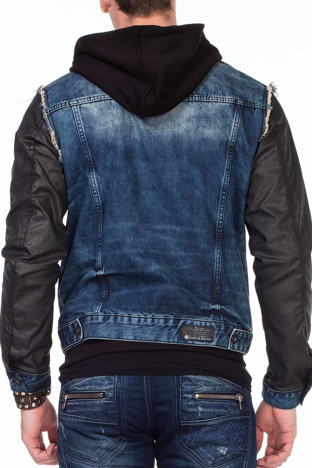 Cipo & Baxx Chaqueta vaquera para hombre, chaqueta de entretiempo, capucha de diseño, manga de piel sintética, chaqueta vaquera con capucha