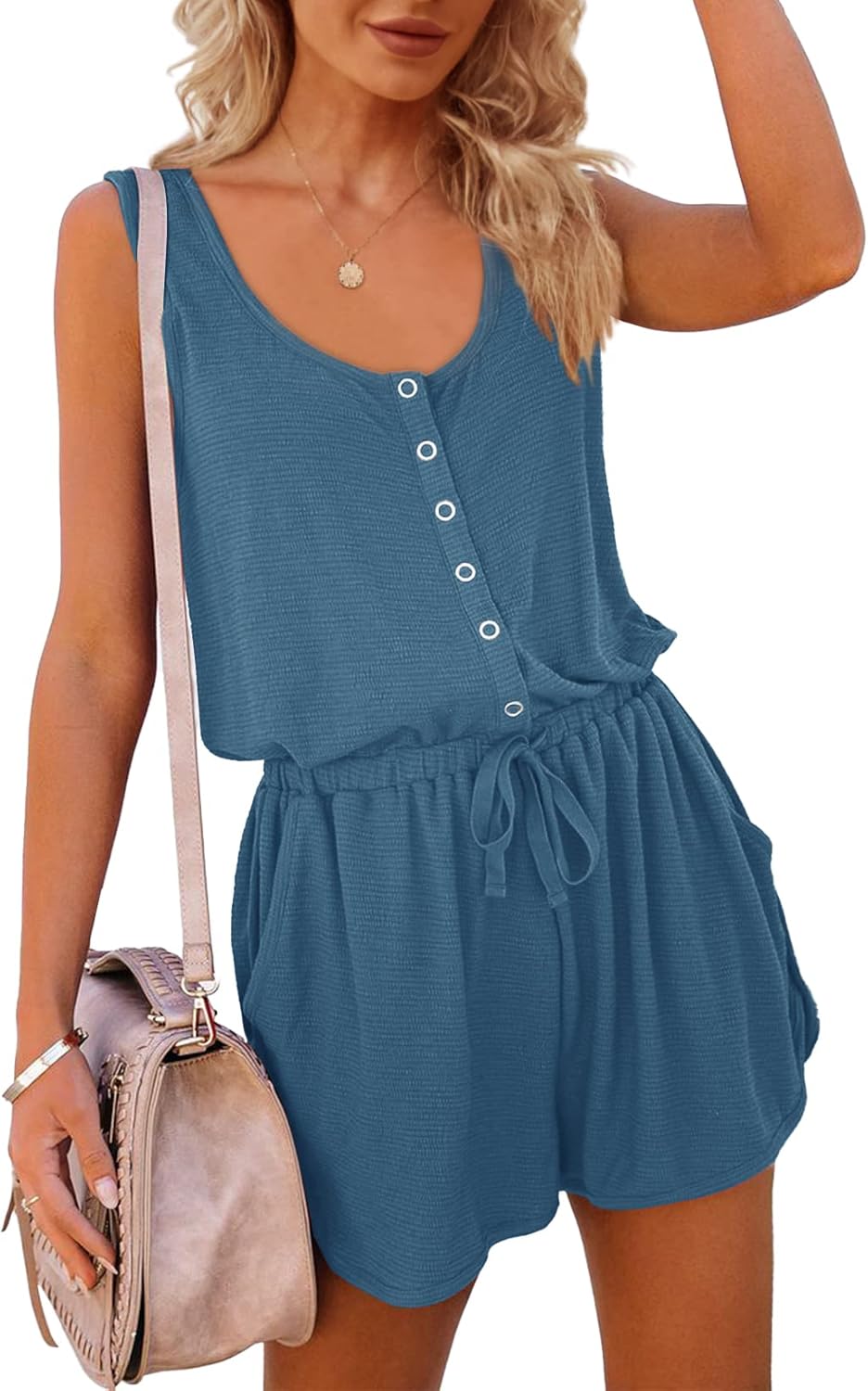 Mafulus Womens Summer Scoop Neck Button Down Sleeveless Jumpsuit Rompers Adjustable Waist Short with Pockets - Image 4