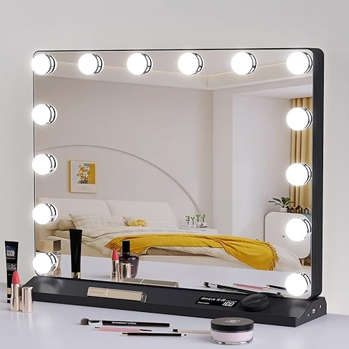 Hollywood Espejo de maquillaje con luces de 20 x 16 pulgadas, 14 bombillas LED, 3 modos de color, control de perilla, puerto de carga USB, marco de disponible en Yaxa Peru