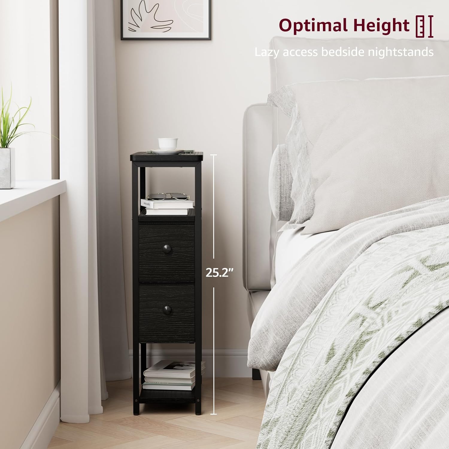 Narrow Nightstand Side Table - Skinny Night Stand for Small Space Bedroom Slim Bedsides Tables with 2 Drawers, Black