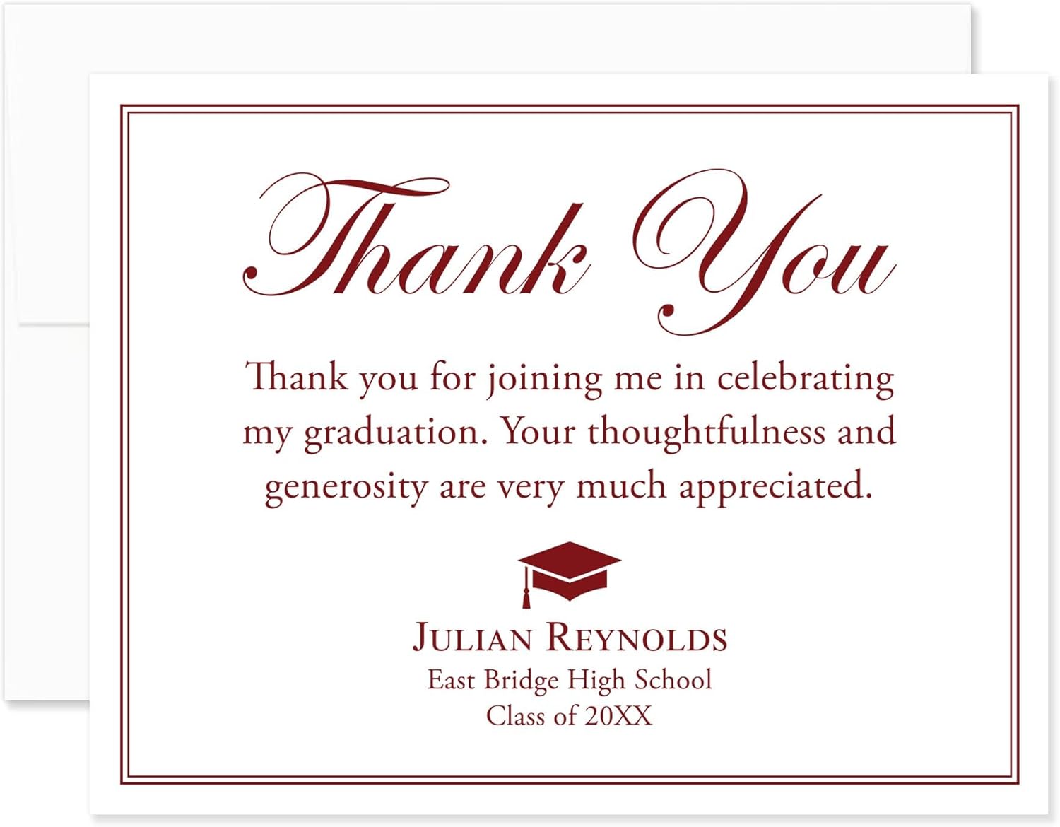 Graduation Thank You Cards Personalized with Name, 5.5x4.25 Flat Thank You Note Cards with Envelopes (Maroon Red)