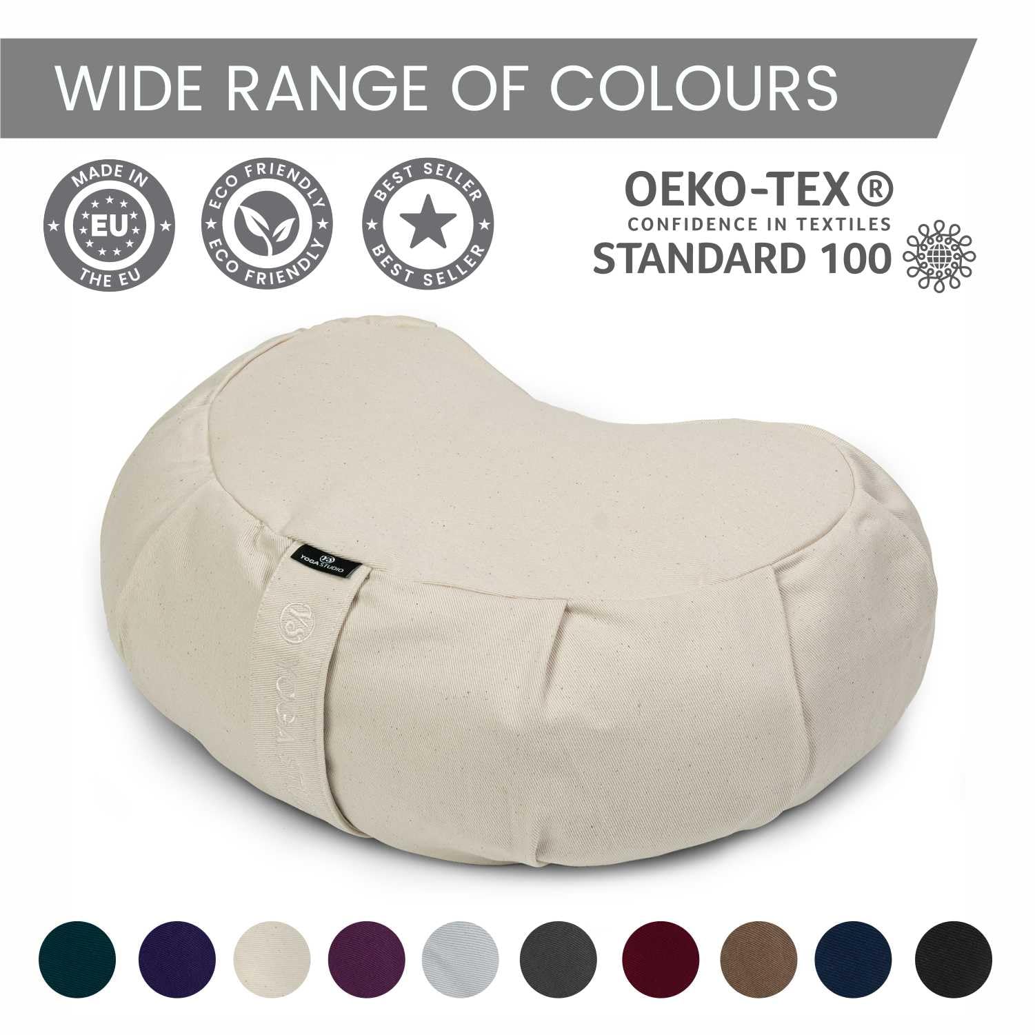 Yoga Studio EU CRES/Cushion/NatWhite/YS Europäischer Bio-Halbmond Zafu – 42 x 13 x 18 cm Meditations-Pouf mit Baumwollbezug, Buchweizenschalen. Yoga-Zubehör – Naturweiß, natürliches weiß, Regular