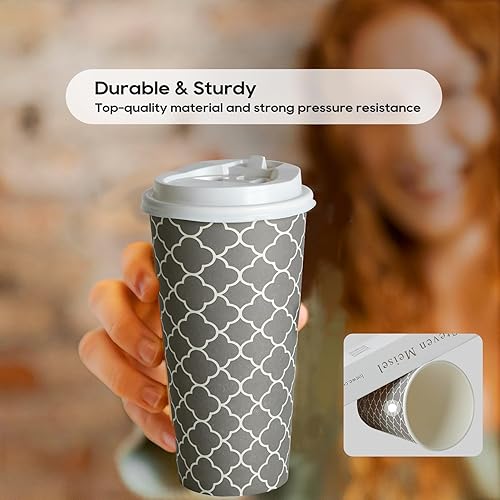 Miniatura 3 de JOLLY PARTY Tazas de café desechables con tapas, 20 onzas (100 juegos), tazas de café de papel para bebidas, té espresso, adecuadas para cafeterías,