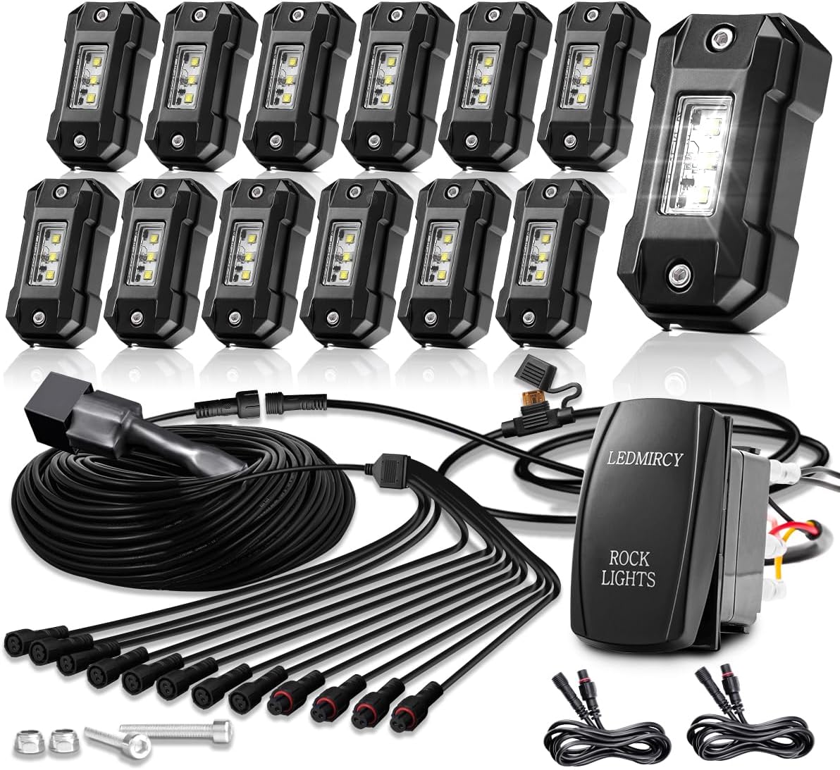 LEDMIRCY R4 Pure White LED Rock Lights Kit with Roker Switch Wire Harness 12PCS Rock Lights White for Offroad Trucks ATV UTV SUV Underglow Light Trail Rig Light Under Body High Power Waterproof