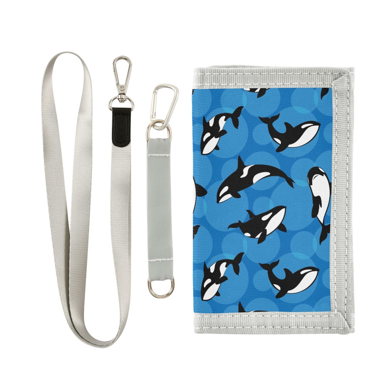 JHKKU Orca Killer Whale Kids Wallet for Boys Girls, Teen Canvas Trifold Purse with Zipper Coin Pocket