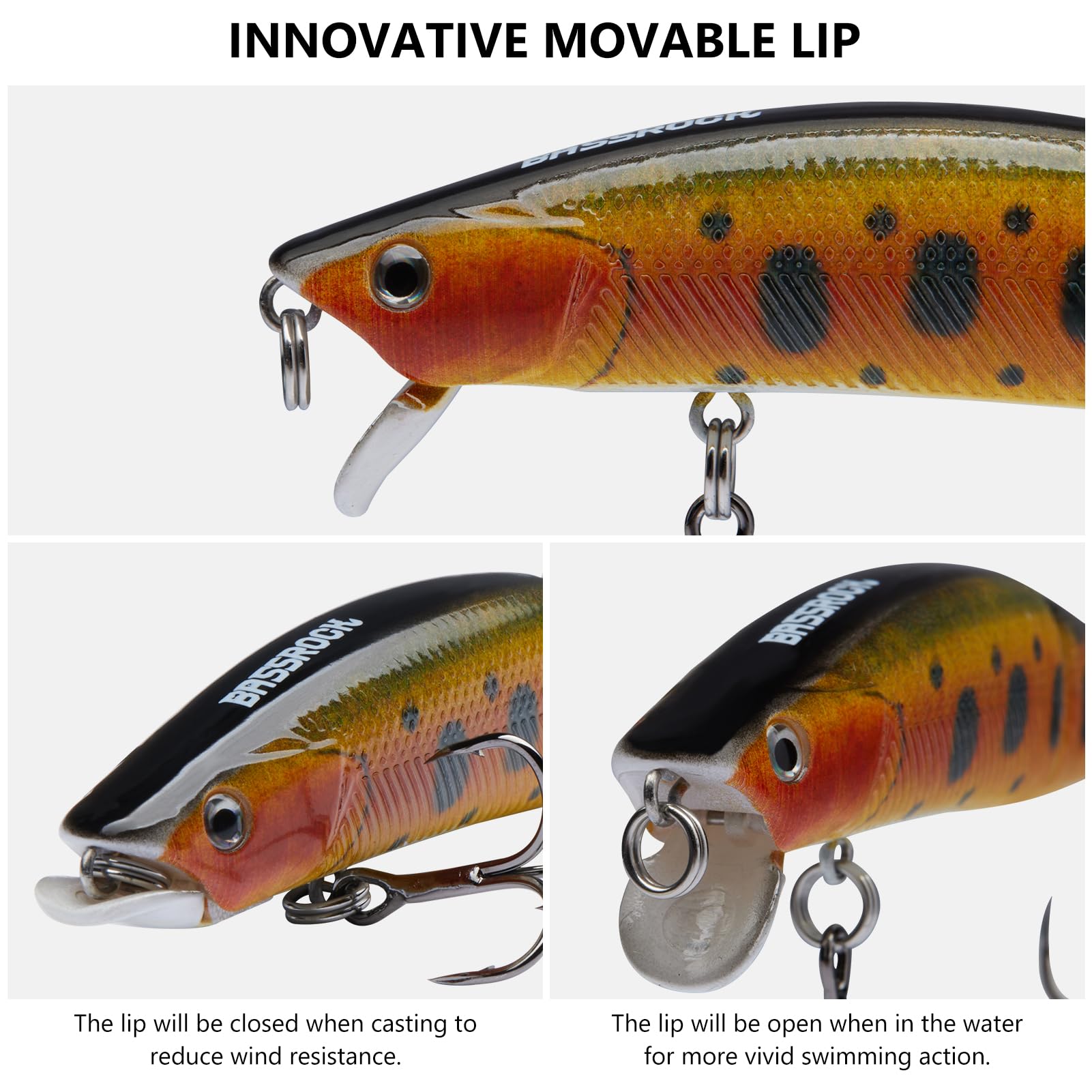 BASSROCK Minnow Swimbait Barsch Forelle Angelköder mit beweglicher Lippe, harter Köder, 8,9 cm, 1/56.7 g