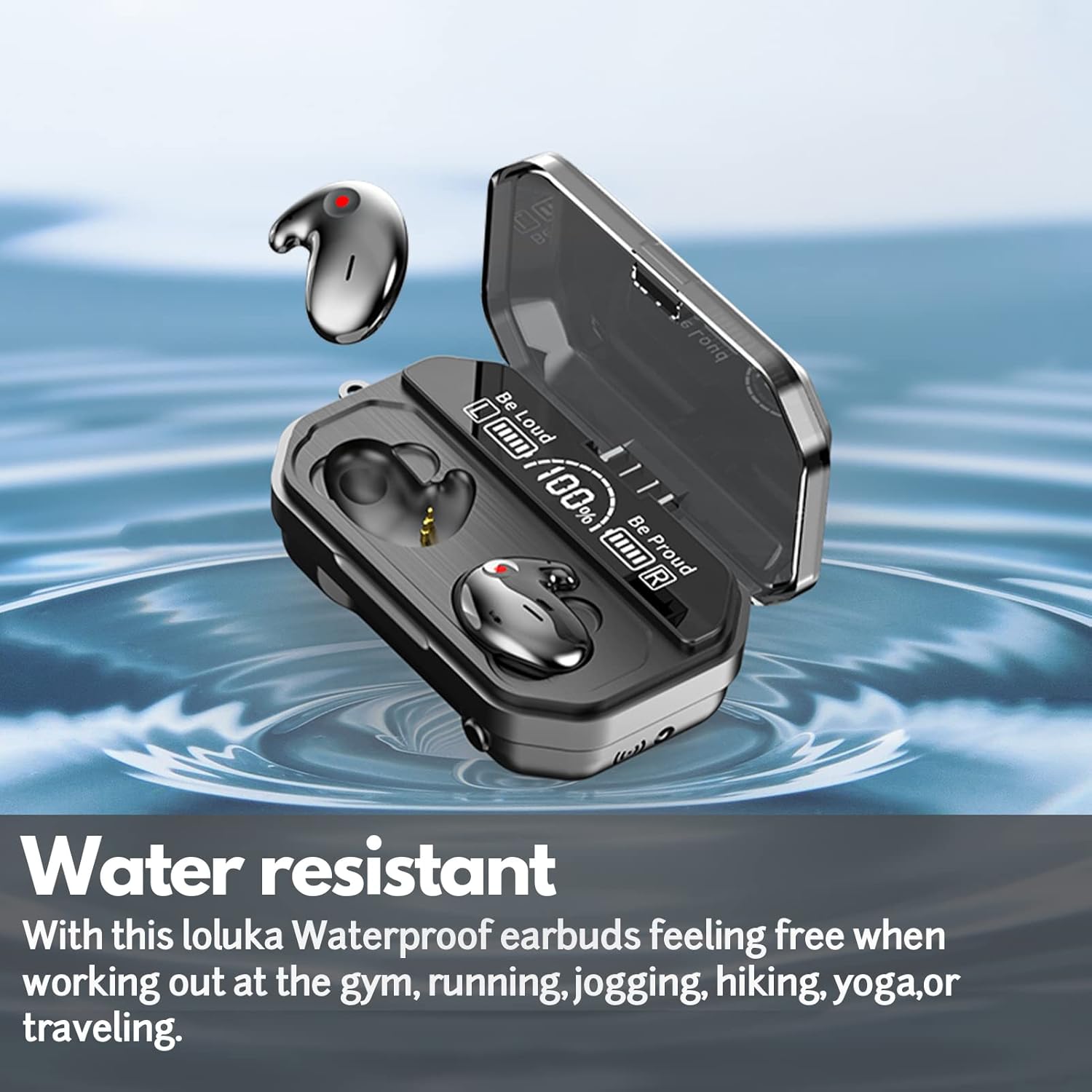 Loluka Sleeping Earbuds in a water splash, indicating water resistance