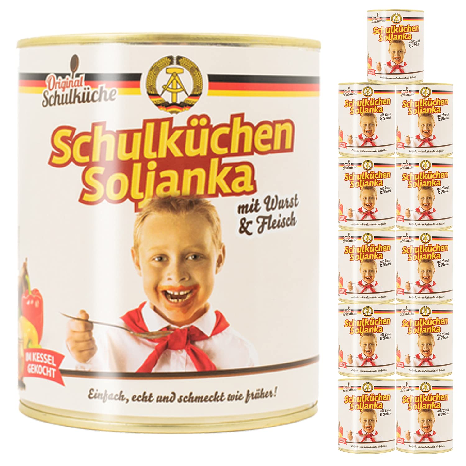Schulküche Soljanka mit Fleisch & Wurst – 12x 800g Vorratspack | Herzhaft-säuerliche Suppe nach Original-DDR-Rezept – im Kessel gekocht, ohne Geschmacksverstärker