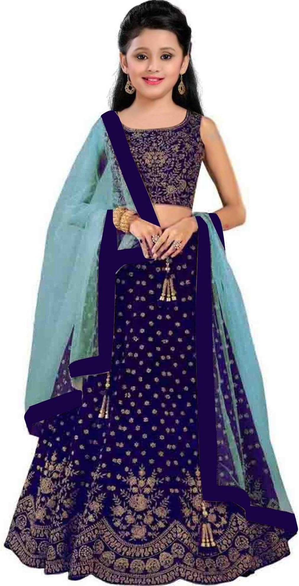 Taffeta Silk Kids Girls Chaniya Chori ||Blue Color||Full-Stitched Lehenga||Un-Stitched Blouse||3-13 Year Free Size_||