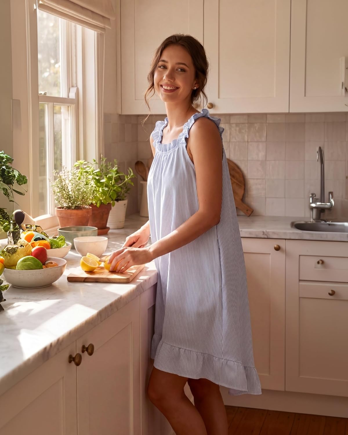 Soft Cotton Sleeveless Striped Nightgowns for Women with Pockets