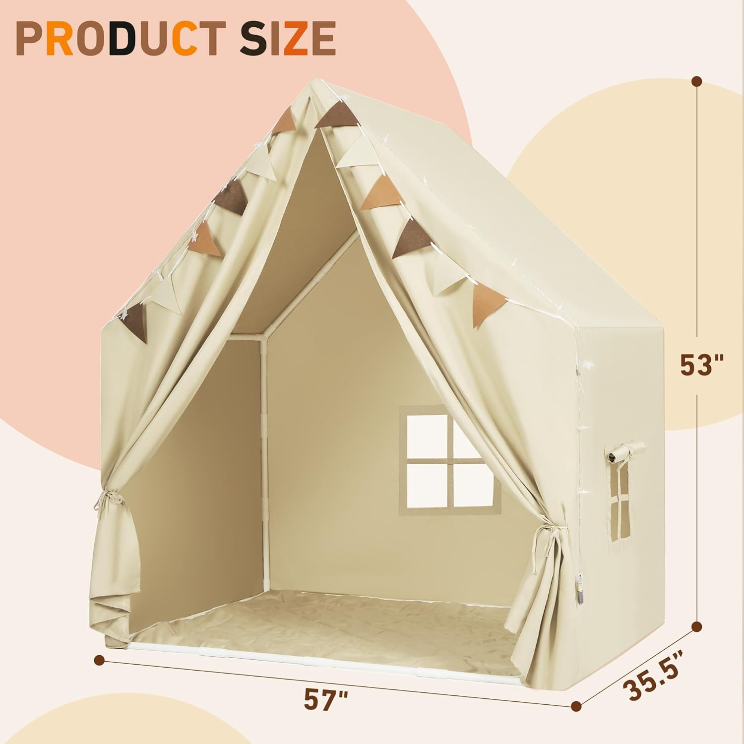Kids Play Tent with Padded Mat & Star LED Lights for Ages 4-8-10 Year Old Girls Boys, Large Cute Indoor Play Room House Tent for Toddler Children (Beige)