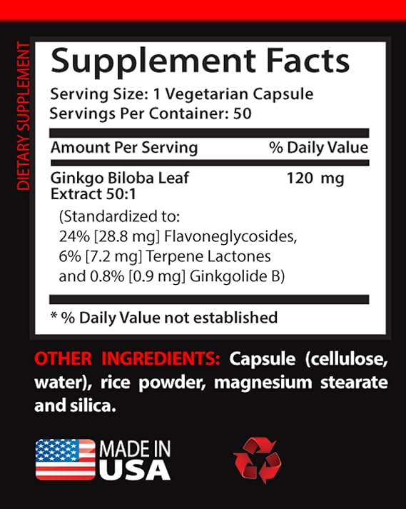 Vitamins for The Brain and Memory - Ginkgo BILOBA 120MG - Extract 50:1, Gingko biloba Complex, Ginkgo biloba Supplements, Brain Memory Supplements, Memory Supplement for Brain, Memory Pills, 1Bottle