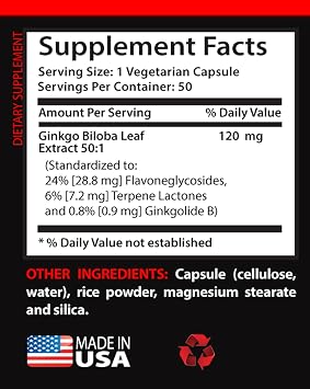 Vitamins for The Brain and Memory - Ginkgo BILOBA 120MG - Extract 50:1, Gingko biloba Complex, Ginkgo biloba Supplements, Brain Memory Supplements, Memory Supplement for Brain, Memory Pills, 1Bottle