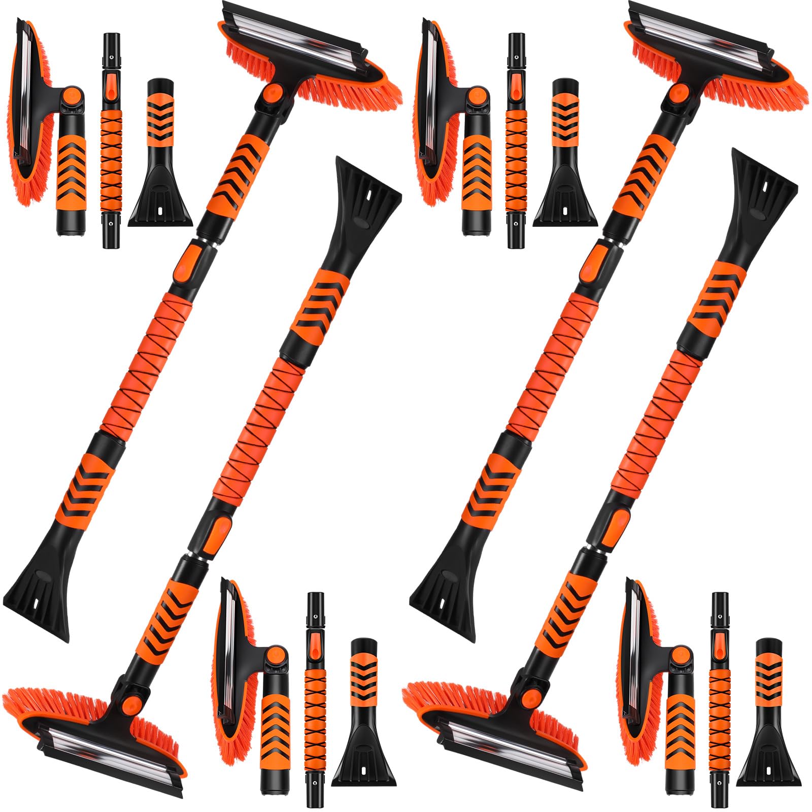 Nitial 4 Pack 43 Inch Extendable Snow Brush and Ice Scraper for Car Windshield 3 in 1 Sturdy Car Snow Removal with Squeegee Adjustable Length Detachable Brush with Foam Grip for Car SUV Truck Orange