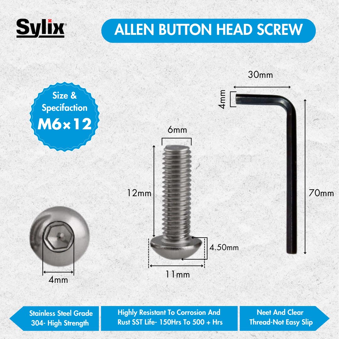 SYLIX M6 x 12mm Allen Button Head Screws, Stainless Steel, Bright Finish | Set of Bolt with Nut & Washer for Home, Industrial, Plumbing (25 pcs) - Image 7 thumbnail