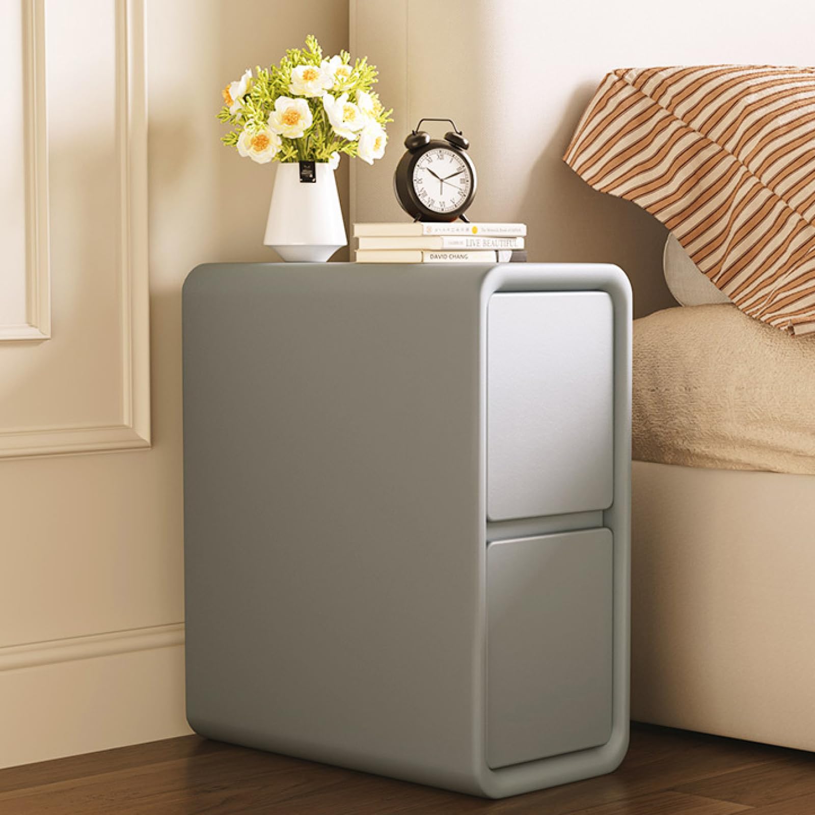 ALEEIK Wooden Bedside Table with Storage Drawer, Nightstand with Microfibre Leather Finish Fashion Night Stand for Bedroom, Gray A