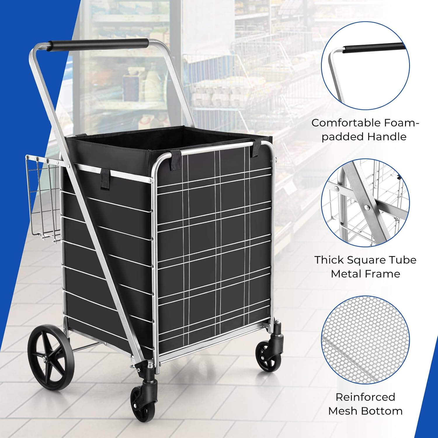 Sequence of images showing the Goplus Jumbo Folding Utility Cart being folded from an open position to a compact, stored position, including a close-up of the fixing clip.