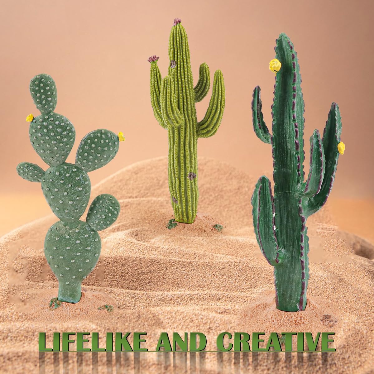 DOERDO 3 Pcs Resin Cactus Decor Simulation Cactus Plant Landscaping Decoration for Tortoise Lizard Gecko Bearded Dragon, 5.5x2 Inch