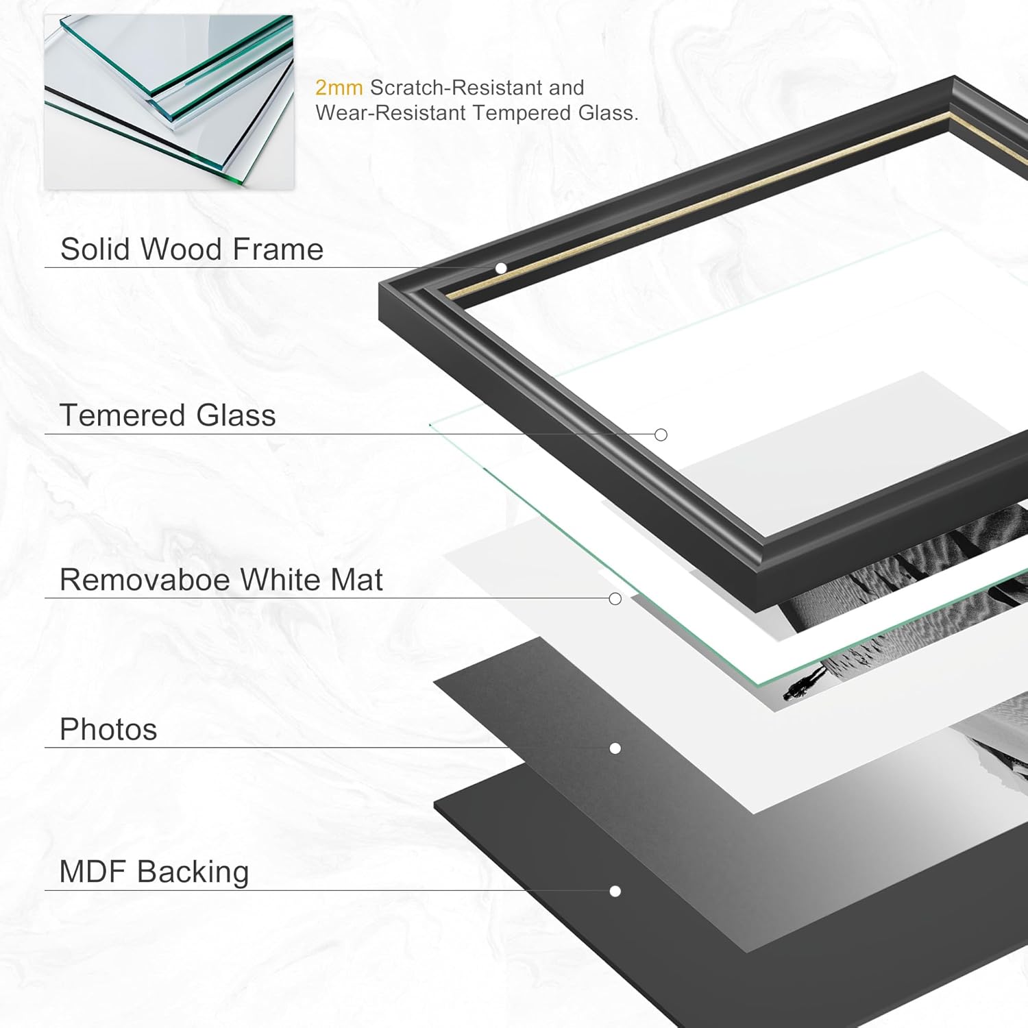 Abtgt 11x14 Picture Frame, Solid Wooden Picture Frame, with HD Tempered Glass and Black Backboard, Display 8x10 with Mat or 11x14 Without Mat, Wall or Tabletop, Black, 1 Pack