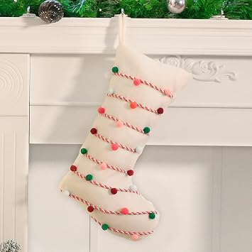 Hopearl Pom Pom Christmas Stocking Boho Style Socks Ultra Soft Holders Ornament Luxury Gifts Bags for Family Xmas Tree Party Supplies, Cream, 18
