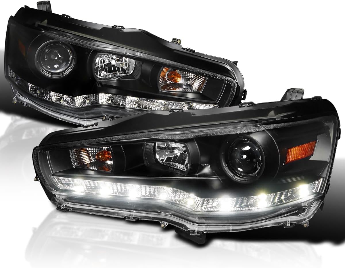 Spec-D Tuning R8 LED Projector Headlights Lamps Black Compatible with 2008-2017 Mitsubishi Lancer, 2008-2015 Mitsubishi Lancer EVO X, Left + Right Pair Headlamps Assembly