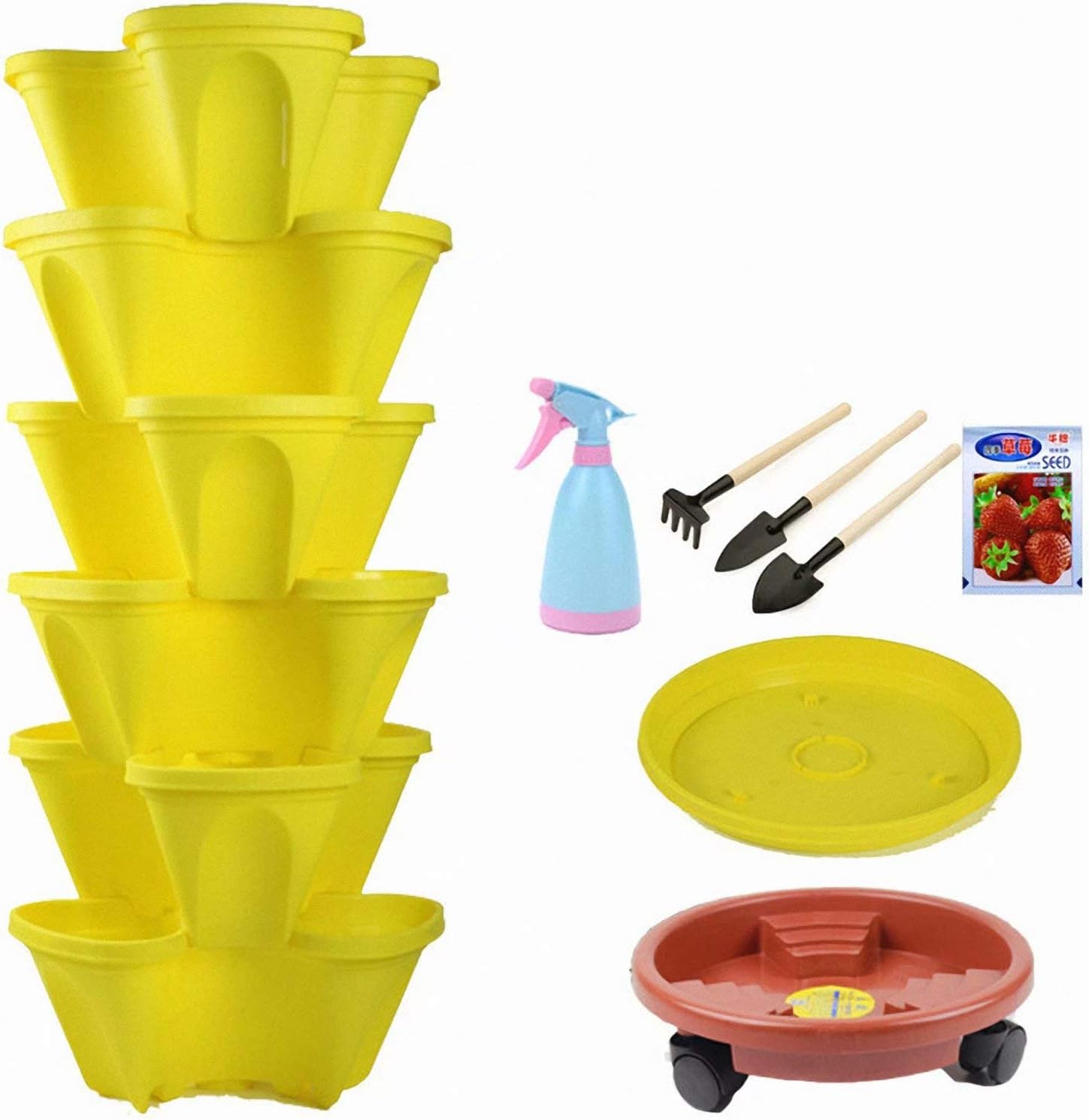 6 Tier Stacking Flower Pot Tower Stackable Vertical Plastic Garden Planter Vegetable Flower Strawberry Planter Pot with Strawberry Seeds and Garden Tool Set and Watering Can, Grow Fresh Herbs