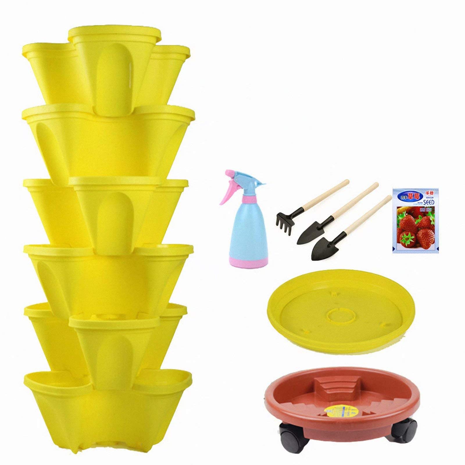 6-poziomowa doniczka na kwiaty, do układania w stos, pionowa, plastikowa doniczka ogrodowa, warzywa, truskawka, doniczka z nasionami truskawek i zestawem narzędzi ogrodowych, konewką, do uprawy
