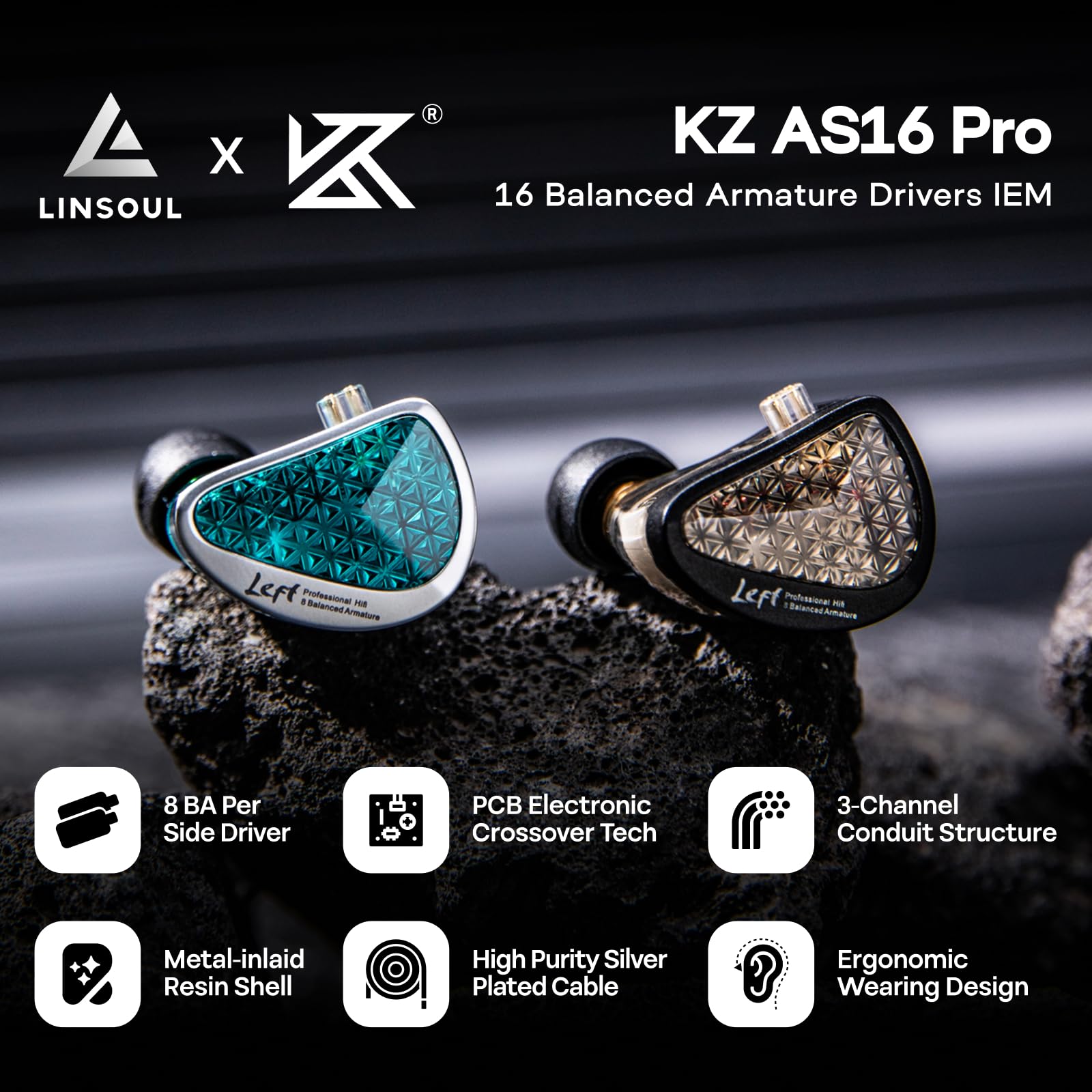 Linsoul KZ AS16 Pro Earbuds 16BA Drivers Black - Dettaglio