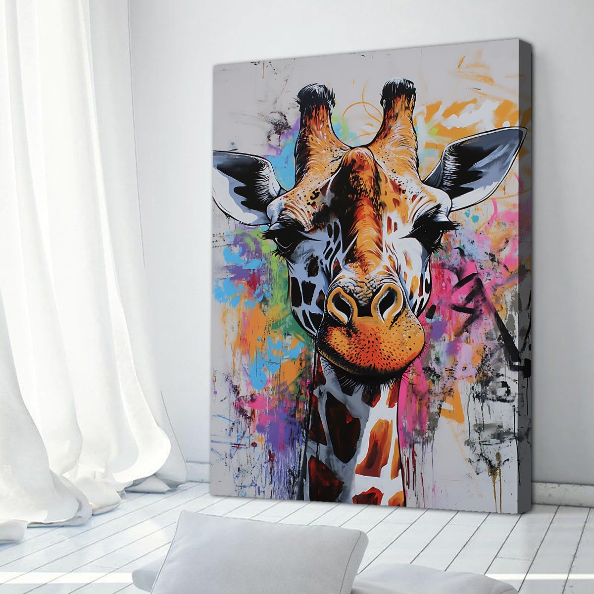 CHERHERART Obraz ścienny na płótnie głowa żyrafy portret dekoracyjny do sypialni pop kolorowe zwierzę druk na płótnie do salonu sypialni biura 60 x 90 cm rama wewnętrzna