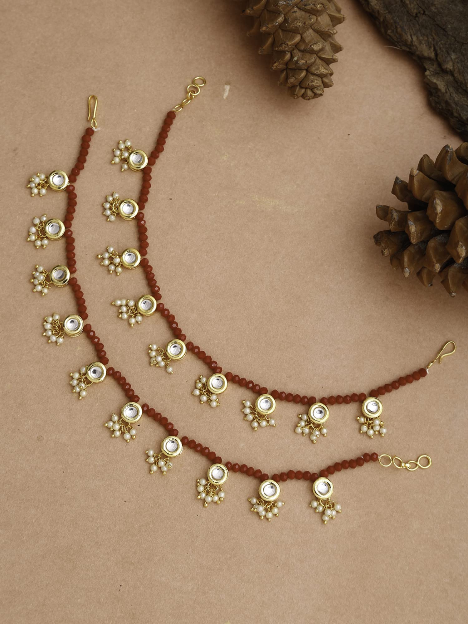 Ruby Raang Women's Mixed Metal Artificial Kundan anklets - Traditional Jewellery Set for Women (Red) - Image 5 thumbnail