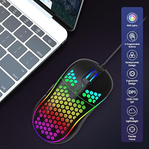 Miniatura 7 de JYCSTE Wired Gaming Mouse, Computer Mouse Ergonomic Mice Honeycomb Design with RGB Backlight, 6 Buttons, 7200 Adjustable DPI for PCMacLaptop