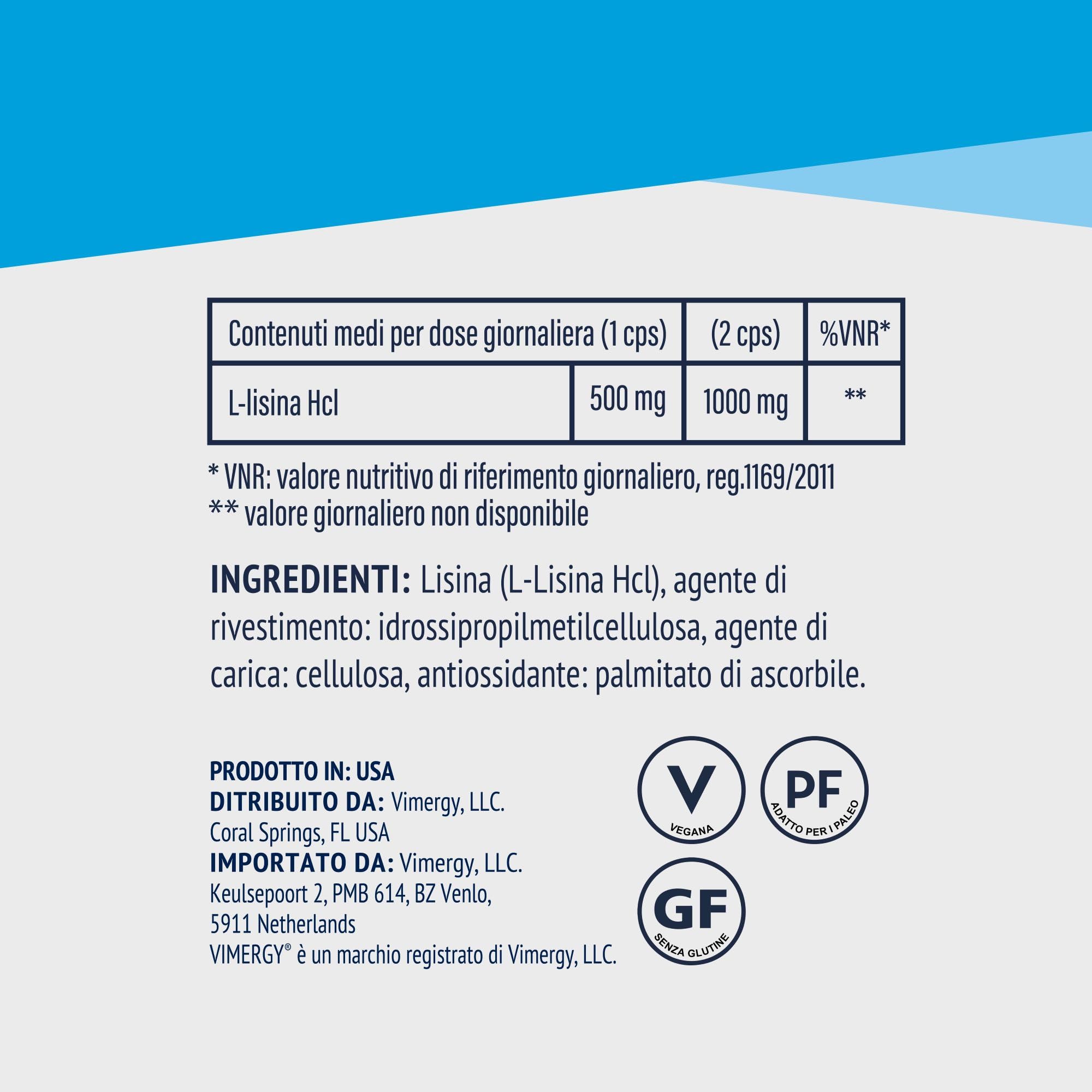 Vimergy L-Lysine 500 mg L-Lisina in Capsule, 270 Dosi – Amminoacido Essenziale – Capsula Vegana Senza Gelificanti - Senza OGM, Senza Glutine, Senza Gelatina, Kosher