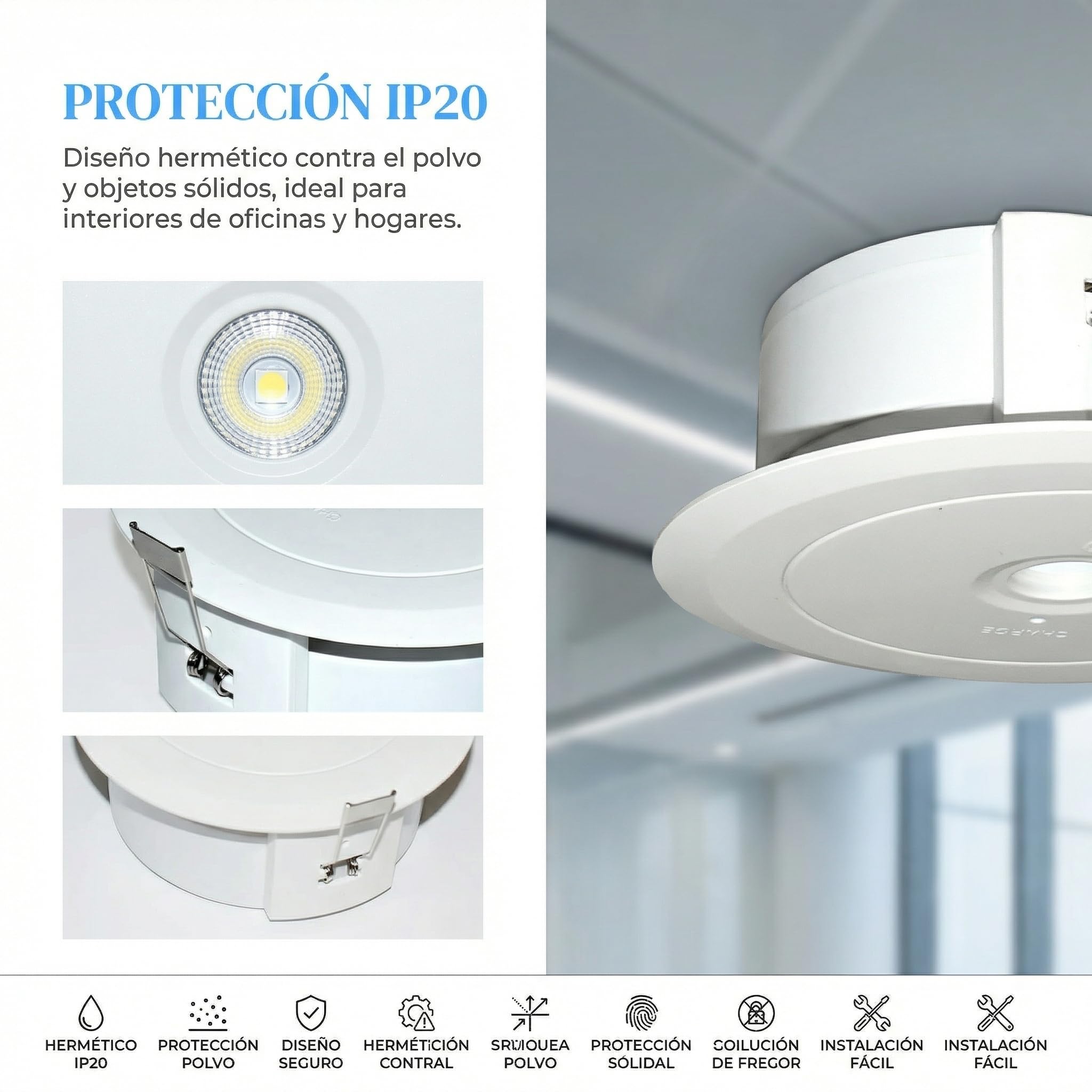 BARCELONA LED Luz de Emergencia LED Empotrable 2,5W 150lm con Batería Ni-mH 3,6V 0,6Ah, Autonomía 3 Horas, IP20, Ideal para Hogar, Oficina, Hoteles y Locales Comerciales Interiores