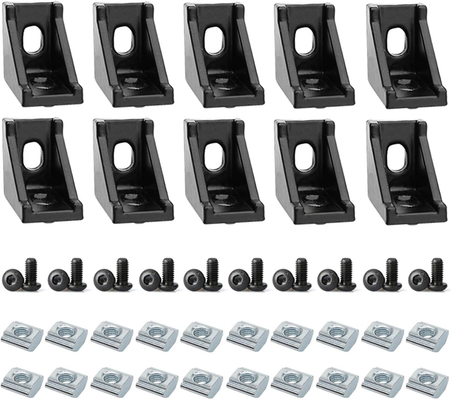 10Sets Black 2020 Series Aluminum Profile Connector Set, 10pcs Corner Bracket, 20pcs T Nuts and Hex Screw Bolt for Slot 6mm 20S Aluminum Rail Accessories