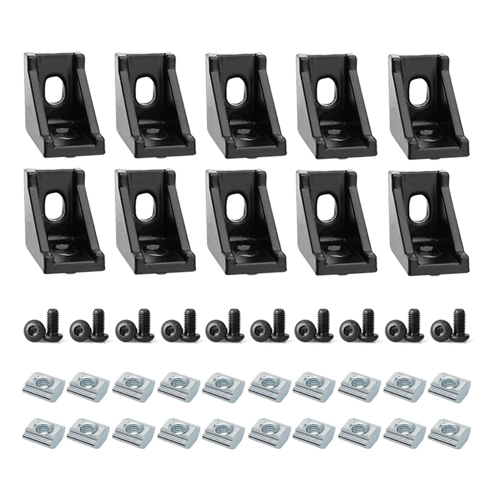 10 Sets 2020 Aluminum Extrusion T Slot Corner Bracket 20 Series Extruded Hardware 90 Degree Right Angle Connector with M5 Bolts Nuts for 20/20 2040 T V Slot Black Aluminum Profile