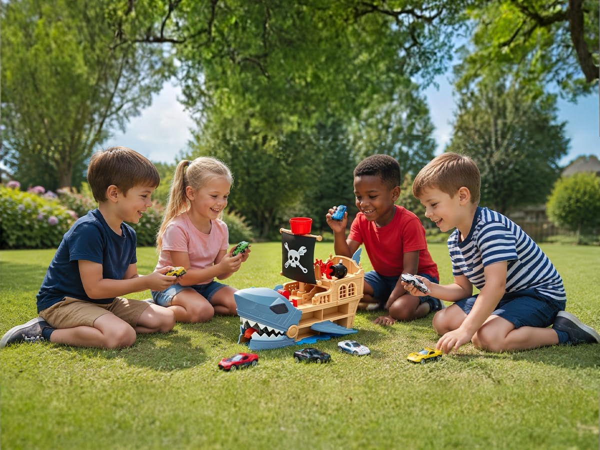 Shark Pirate Ship Car Playset with Biting-Swallowing, 8 Metal Cars | Swallows, stores and launches cars with dual-side storage, a fold-out race trackand movable turret for kids ages 3+