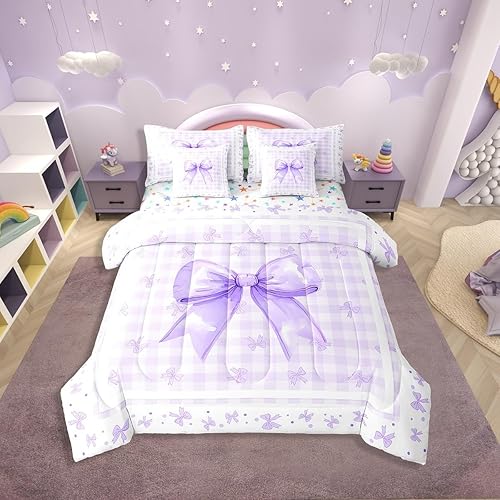 Erosebridal Purple Ribbon Bow Full Comforter Set 7 Piece for Kids Girls Teen Wom
