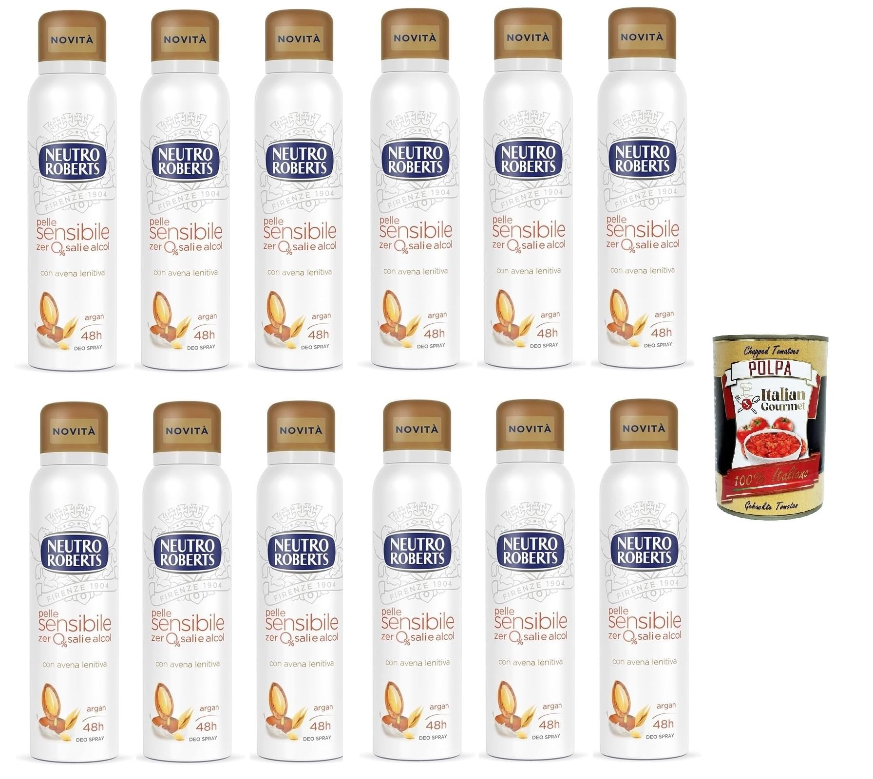 Italian Gourmet Deodorante Spray Avena Deospray milde Haut 48h 12 x 150ml | Con estratto di Hafer e Argan; protezione delicata, salzfrei, alkoholfrei, Gesamtnettogewicht 1,8 L + Kostenlos Polpa 400g