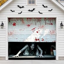 7x8 ft Halloween Garage Door Cover Creepy Crawling Ghost Female Garage Door Banner Decorations Realistic Bloody Splatter Banner 3D Female Ghost Backdrop for Outdoor Halloween Holiday Party Decorations